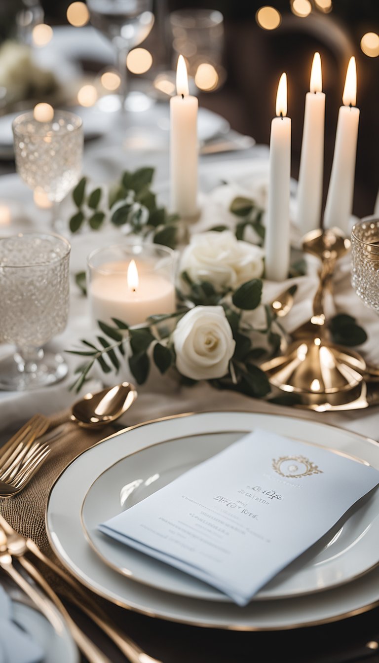 A table set with vellum invitation cards, white decorations, and stylish gender reveal elements