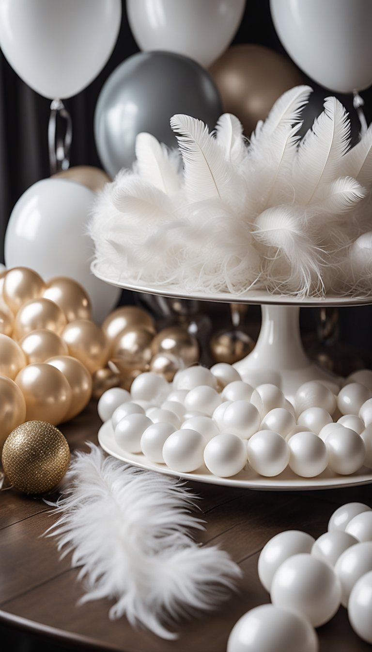 A table adorned with white feather boas, balloons, and other elegant decorations for a stylish gender reveal celebration