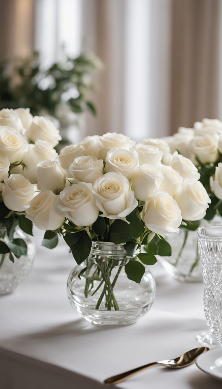 A table adorned with silk white roses and other elegant white decorations for a stylish gender reveal celebration