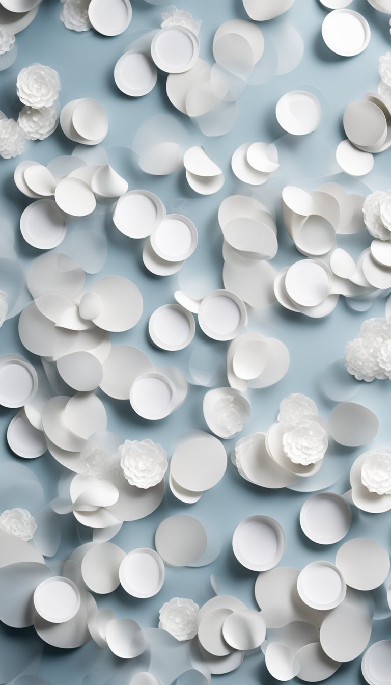 A white sequin backdrop with 15 stylish white decorations for a gender reveal