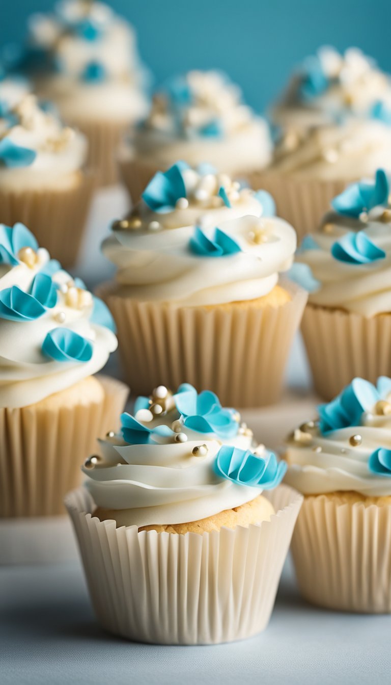 Cream cupcake wrappers surround white decorations for a gender reveal