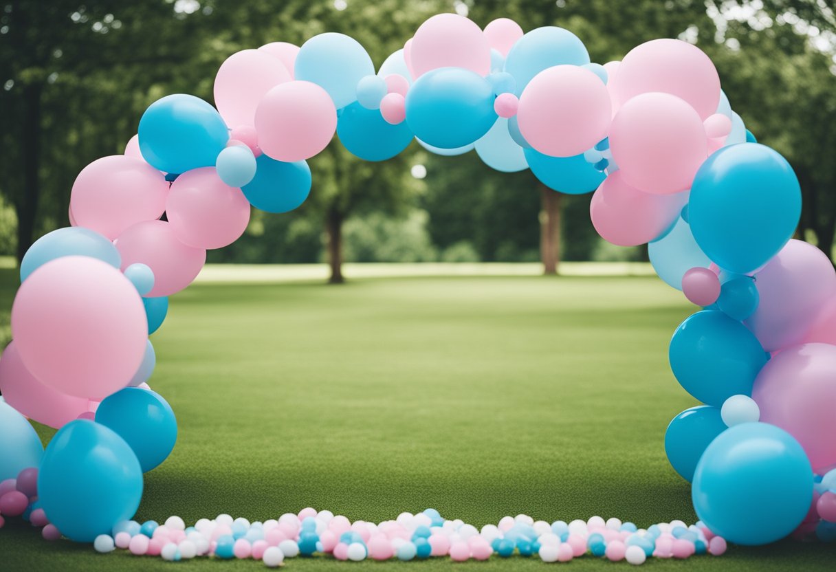 A balloon arch with pink and blue balloons decorates an outdoor gender reveal celebration