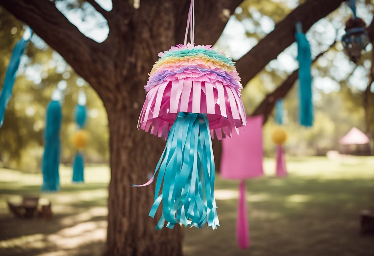 A colorful gender reveal piñata hangs from a tree, surrounded by festive decorations in an outdoor setting