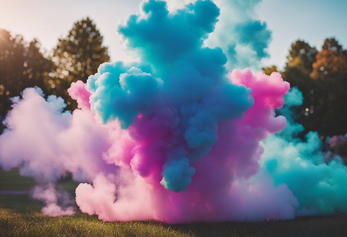 Vibrant smoke bombs billow in the air, creating a colorful and festive display for a DIY gender reveal celebration outdoors