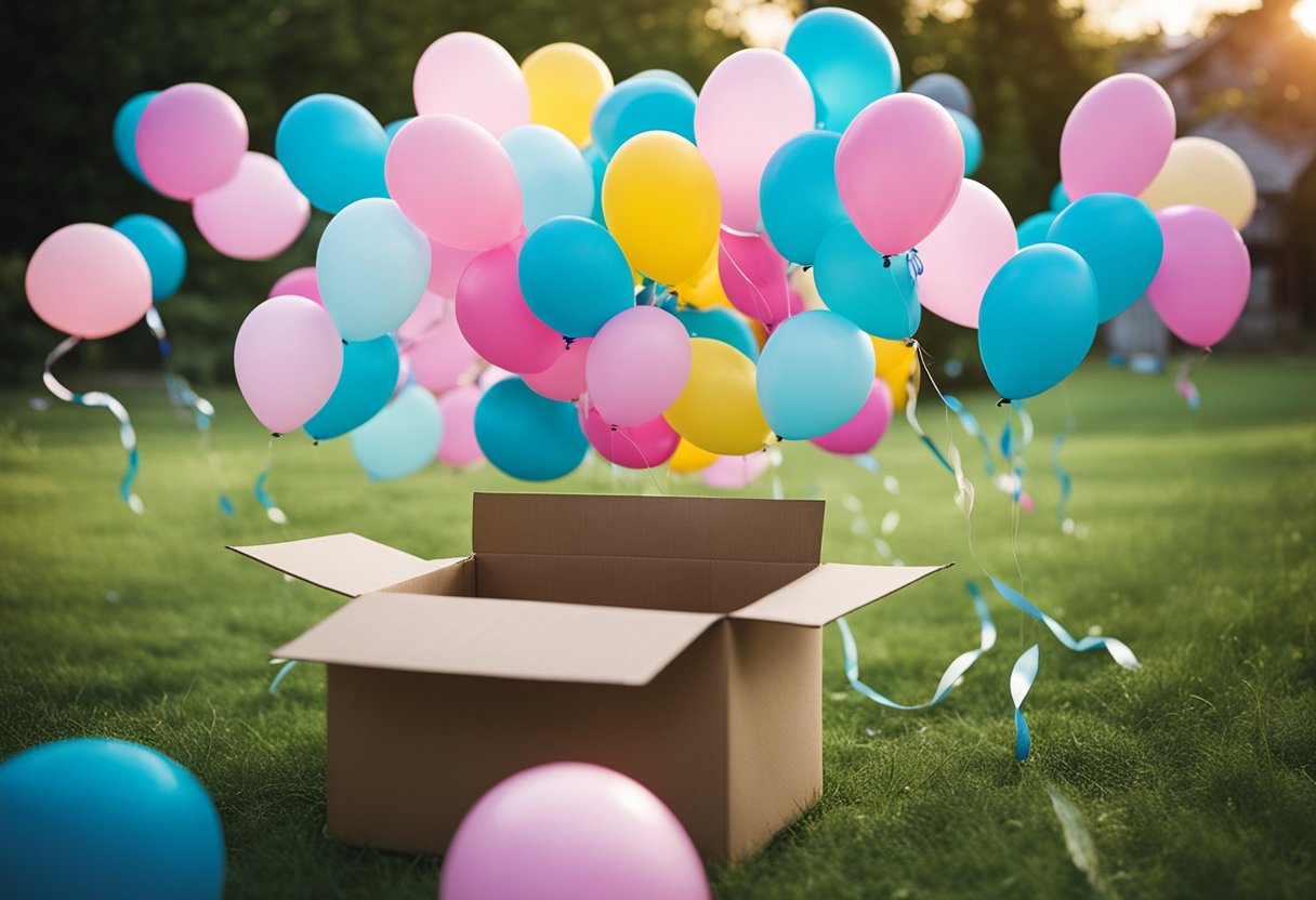 A box with helium balloons attached, ready to be released for a DIY gender reveal. Outdoor decorations surround the scene