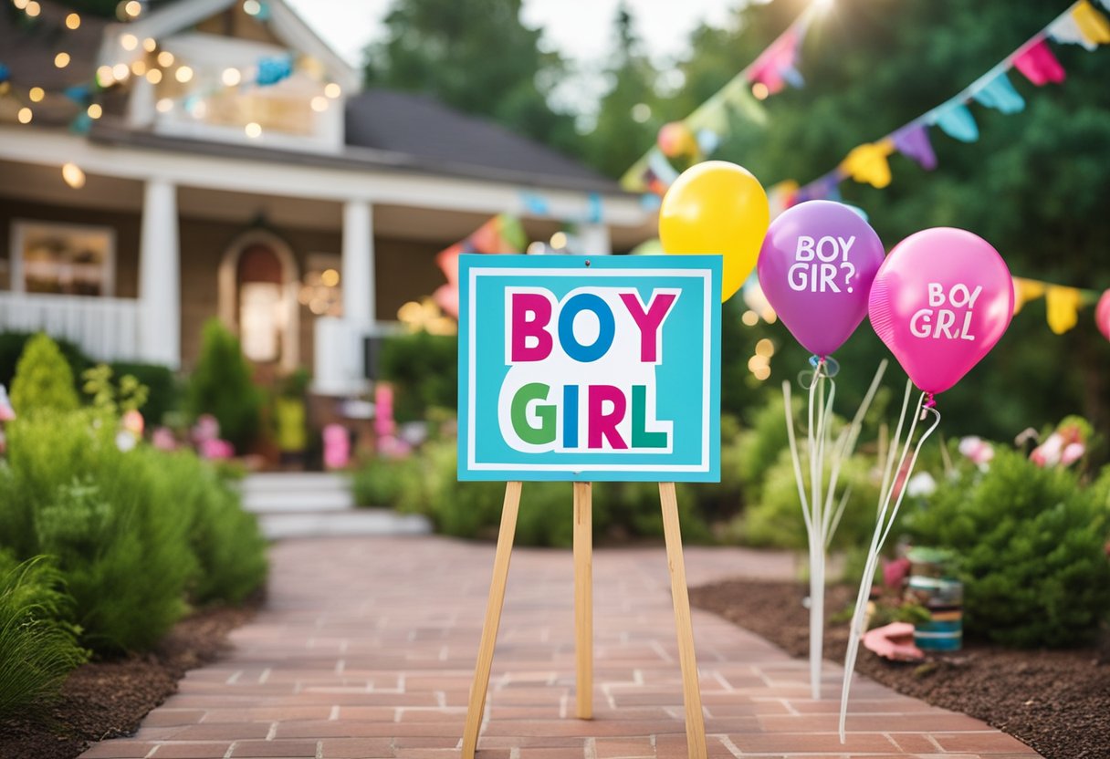 A colorful yard sign with the words "Boy or Girl?" stands amidst festive DIY gender reveal decorations in an outdoor setting