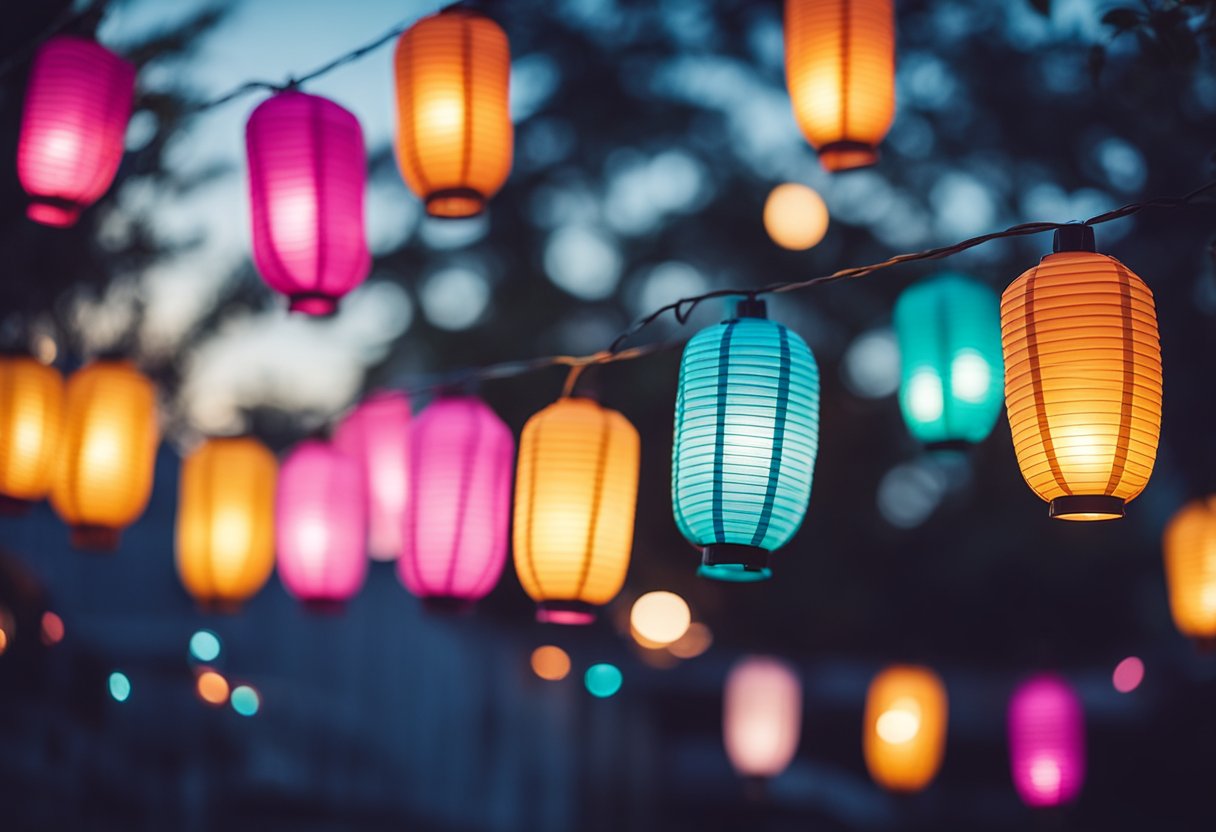 Colorful LED lanterns hang outside, illuminating the night with vibrant hues for a gender reveal celebration