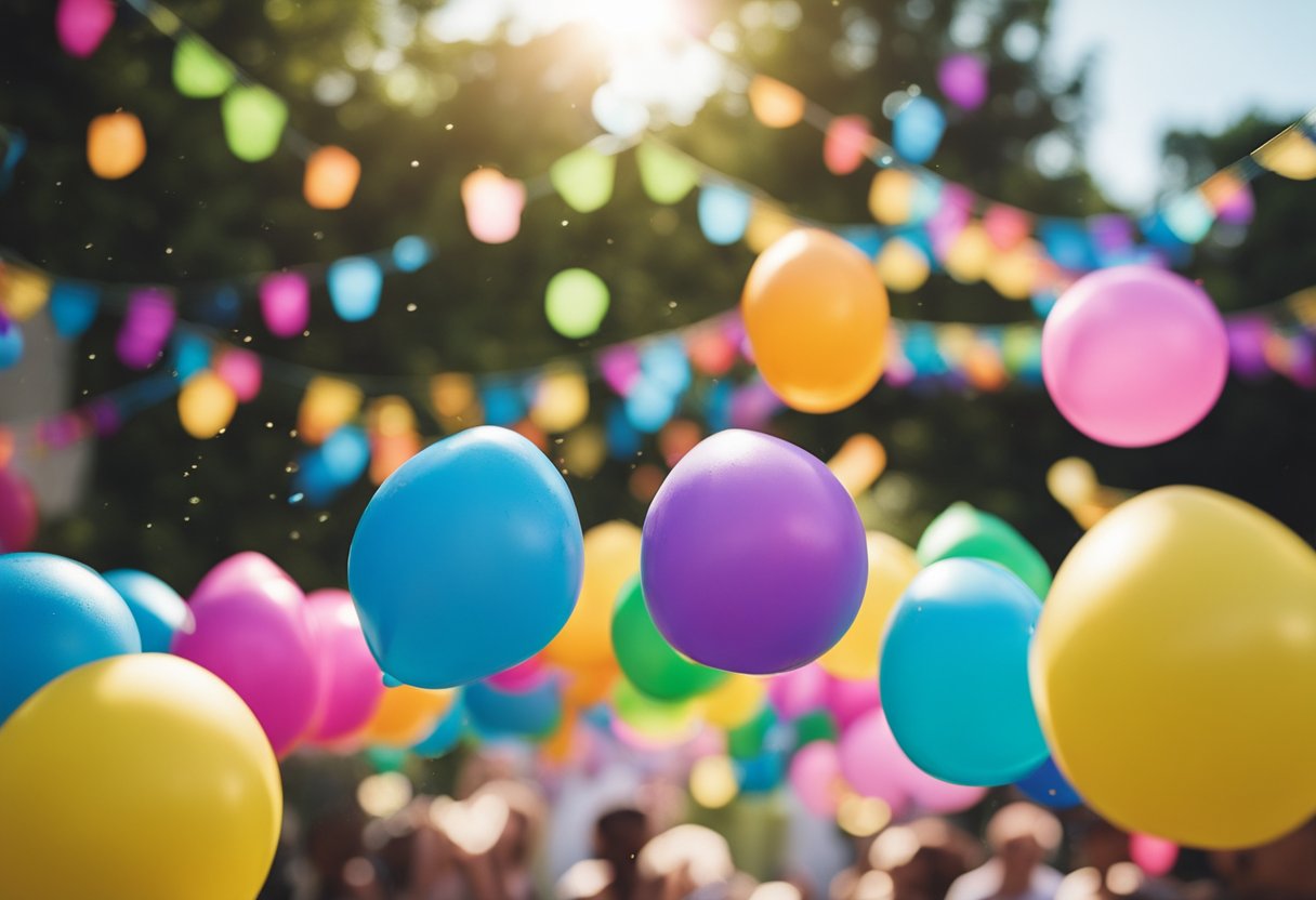 Colorful paint-filled water balloons bursting in the air, creating vibrant splashes against a backdrop of outdoor decorations for a gender reveal celebration