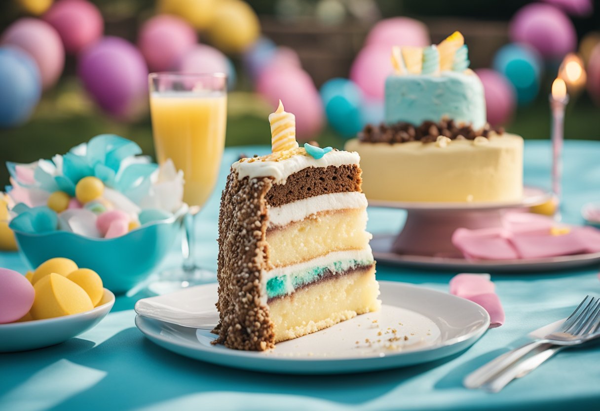 A cake with vibrant colored filling sits on a table outdoors, surrounded by DIY gender reveal decorations