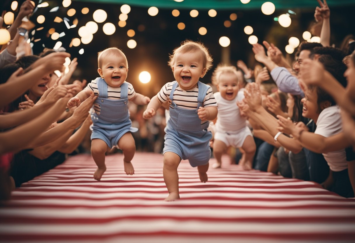 Two diapered babies racing to be changed first, surrounded by cheering party guests