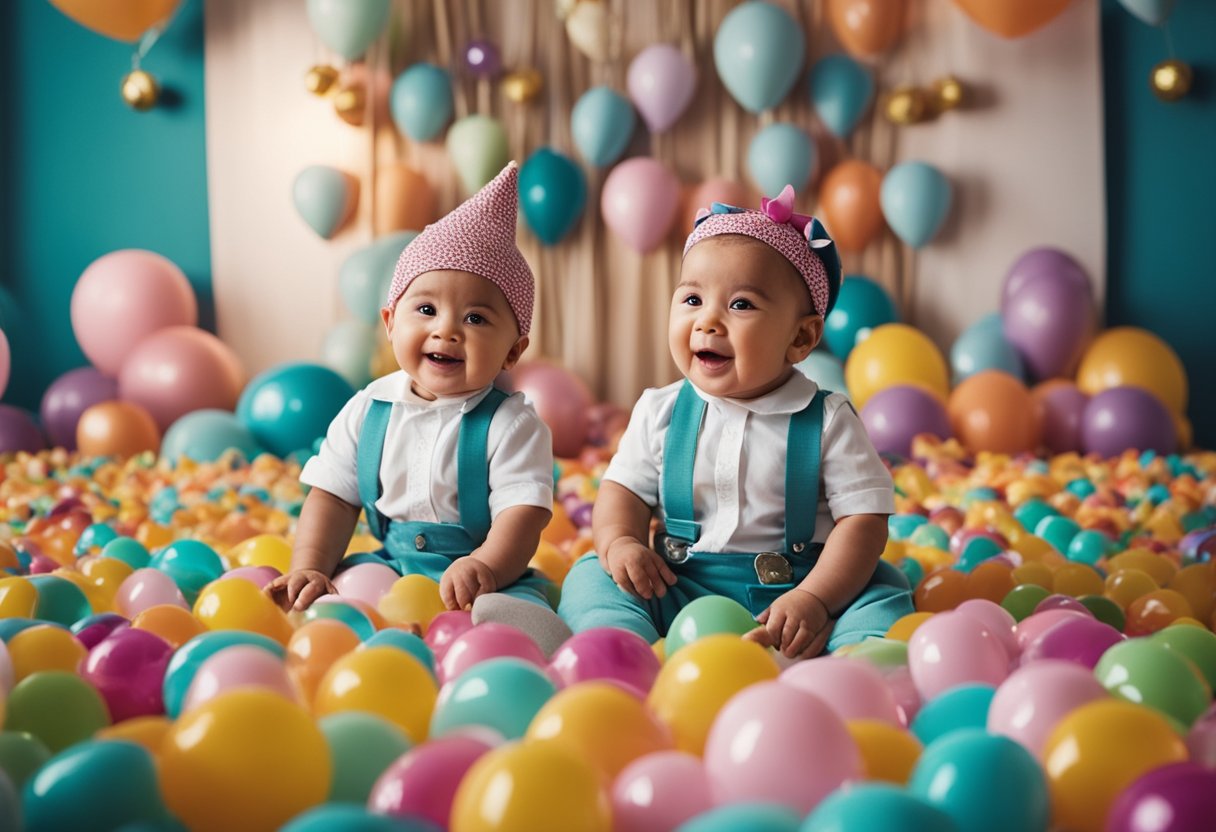 A colorful baby nursery with a large poster of a baby, surrounded by excited party guests holding pacifiers and blindfolds