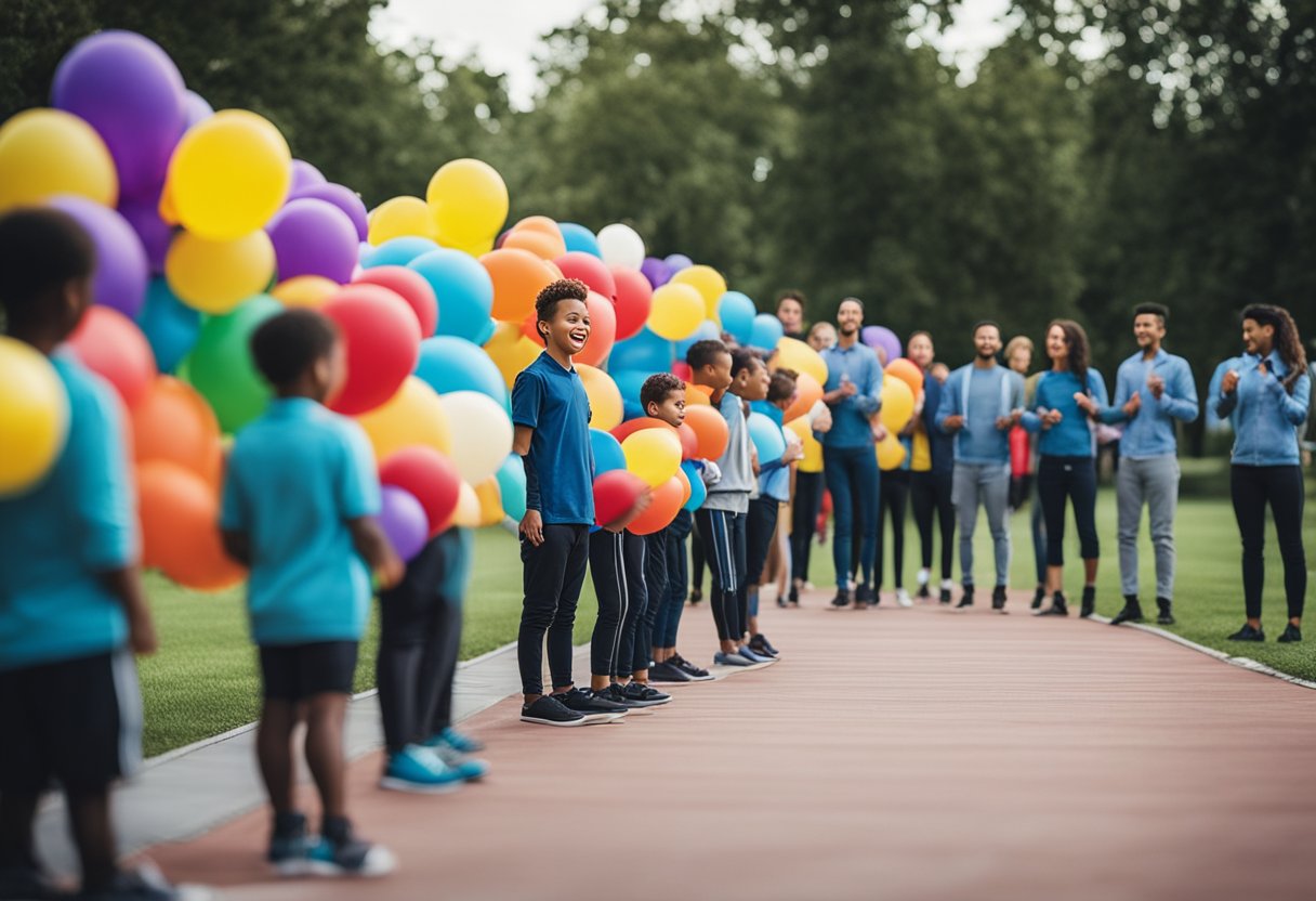 A group of colorful balloons lined up in a row, with participants standing ready to pop them in a relay race