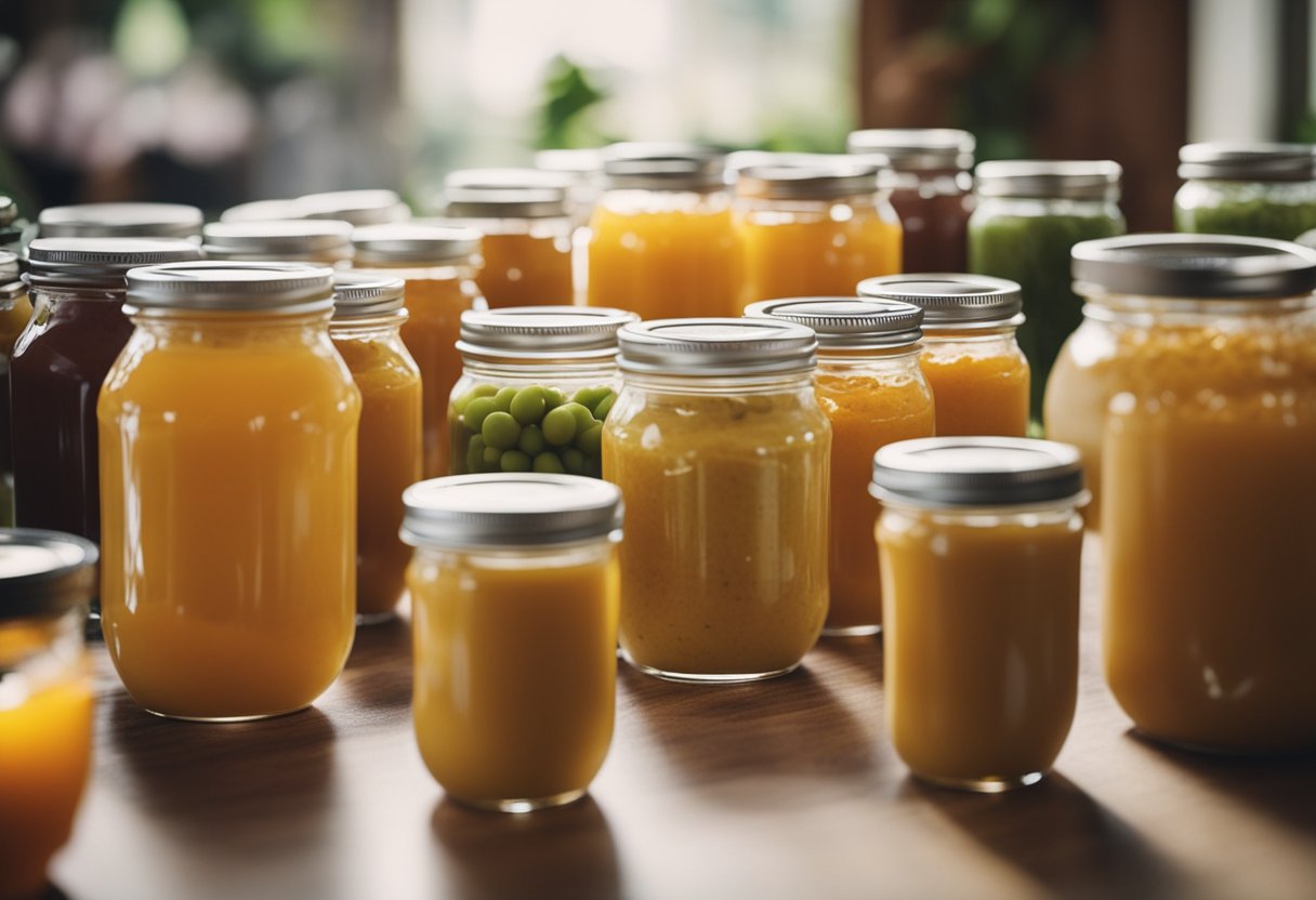 A table with various jars of baby food, surrounded by excited guests making guesses