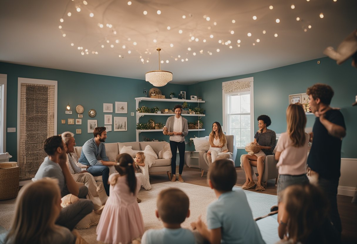 A group of friends and family gather in a decorated room, eagerly watching as a baby charades game unfolds at a gender reveal party