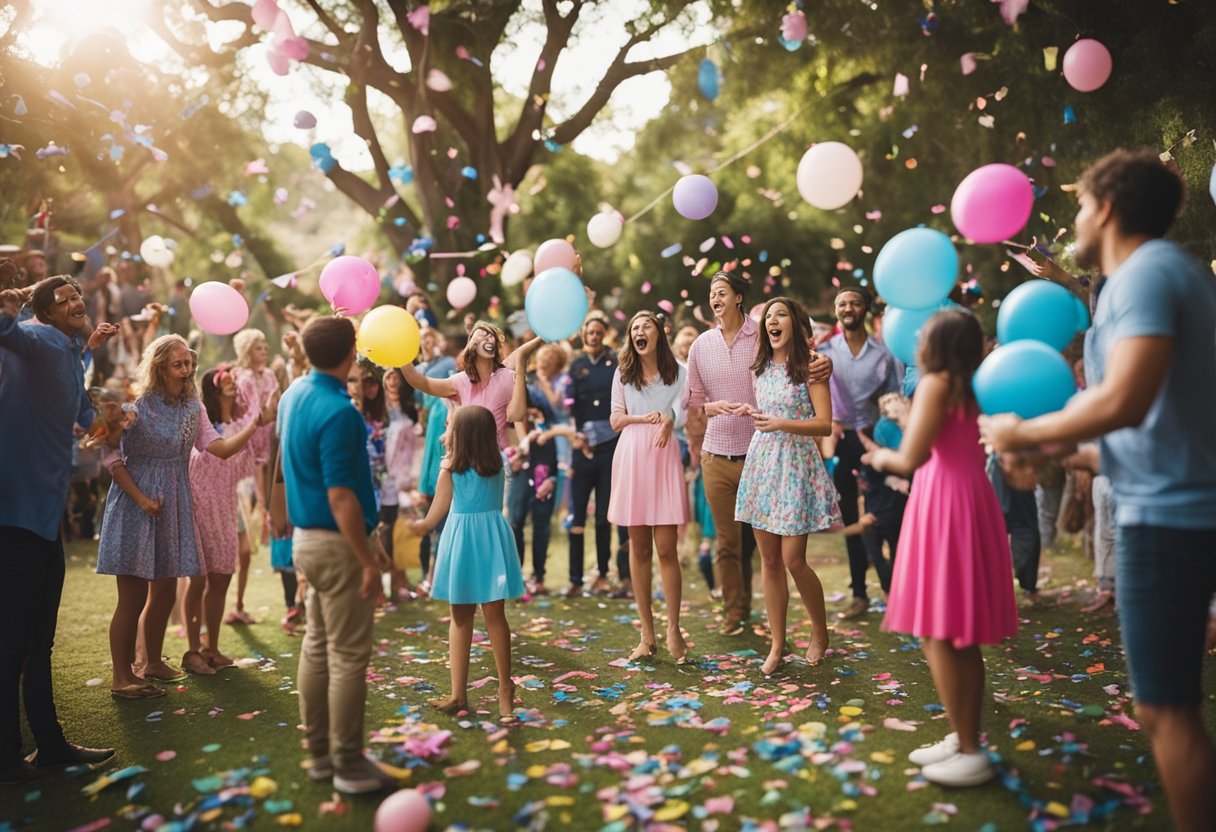 A colorful gender reveal piñata hangs from a tree, surrounded by excited party guests. Bright confetti and candy spill out as it is struck open