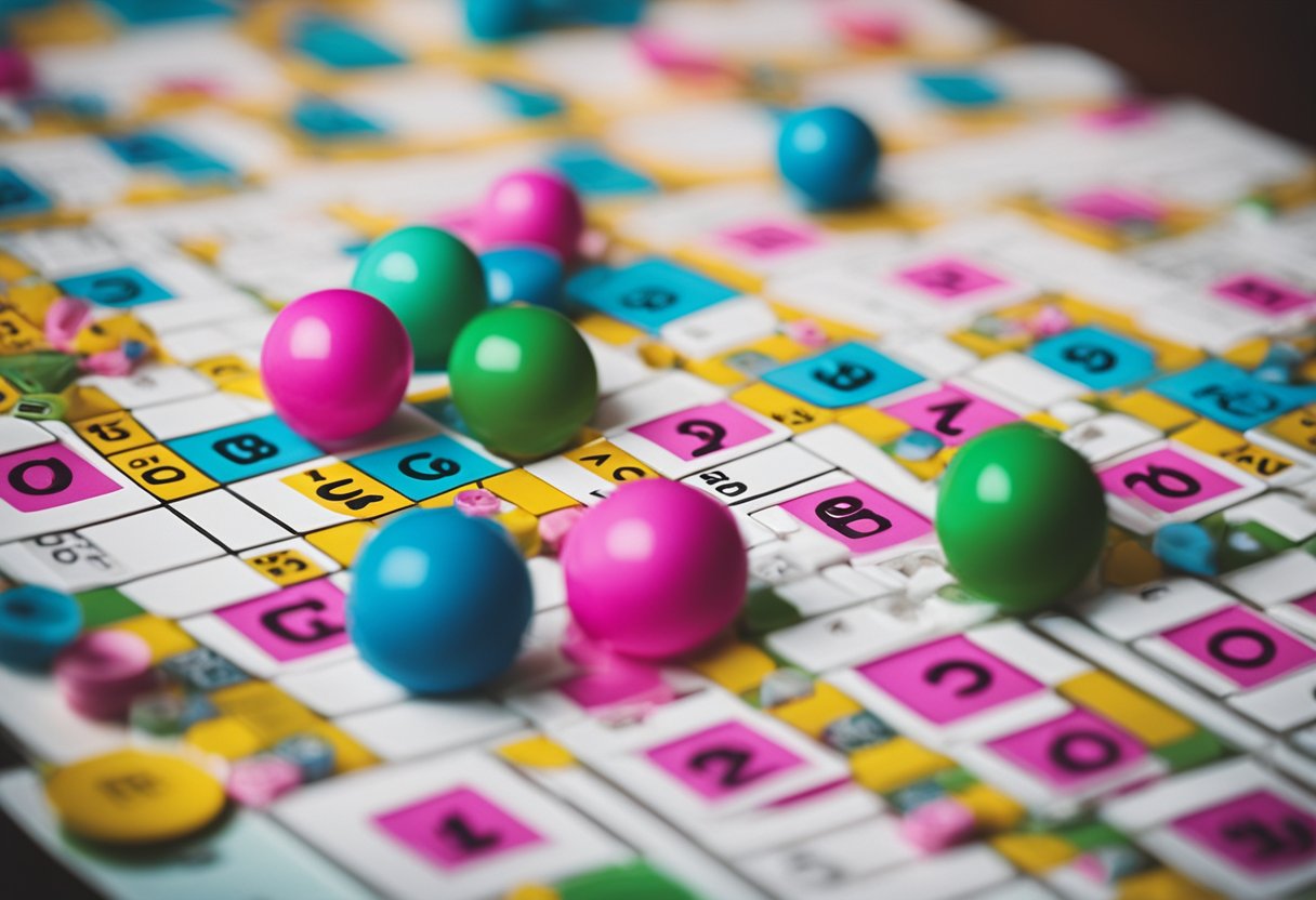 Colorful bingo cards scattered on a table, surrounded by excited guests at a gender reveal party