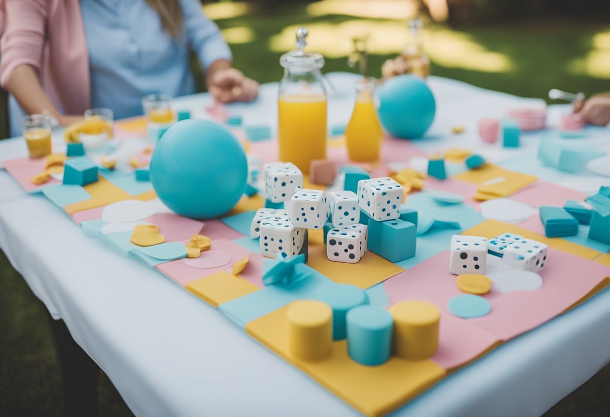 A table with various baby items arranged for a memory game, surrounded by excited guests at a gender reveal party