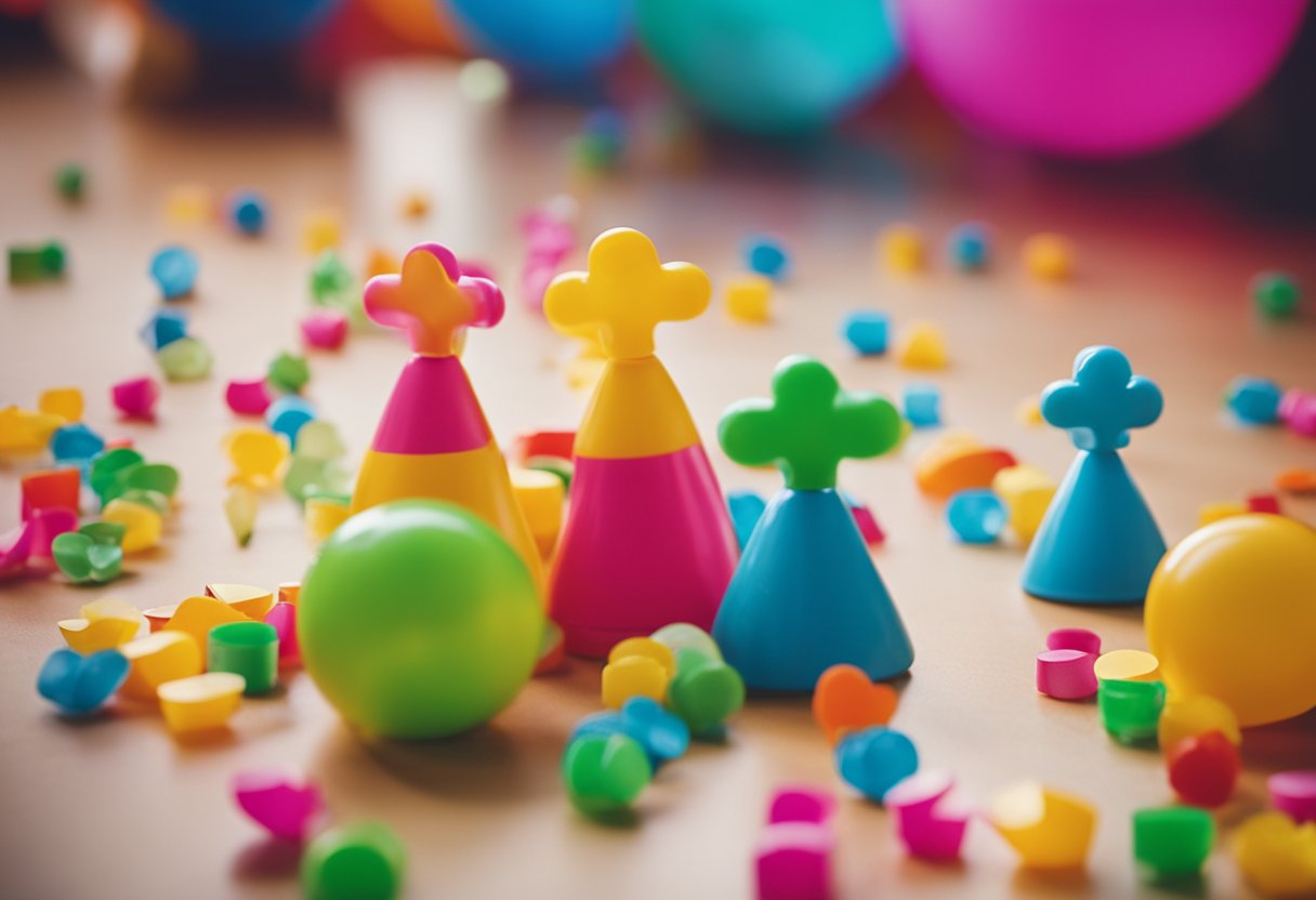 A group of colorful baby-themed party games being played with excitement and anticipation