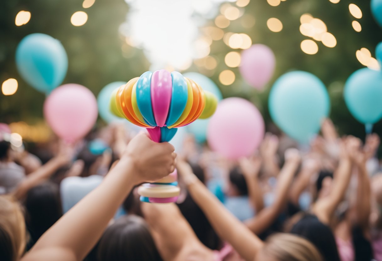 A colorful baby rattle flying through the air, surrounded by excited guests at a gender reveal party