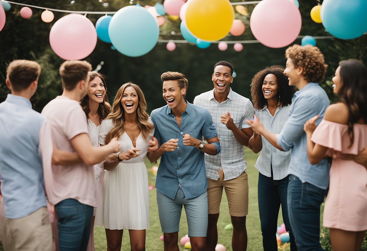 A group of excited friends and family gather in a backyard, surrounded by colorful decorations and games. Laughter fills the air as they play gender reveal party games