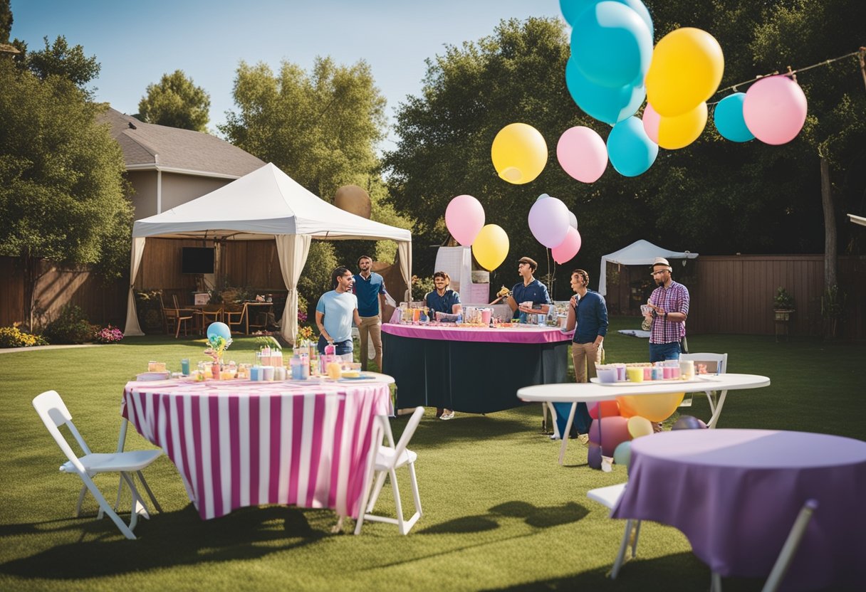 Colorful game stations set up in a backyard, with guests laughing and playing gender reveal party games. A large banner hangs overhead, and a table displays prizes for the winners