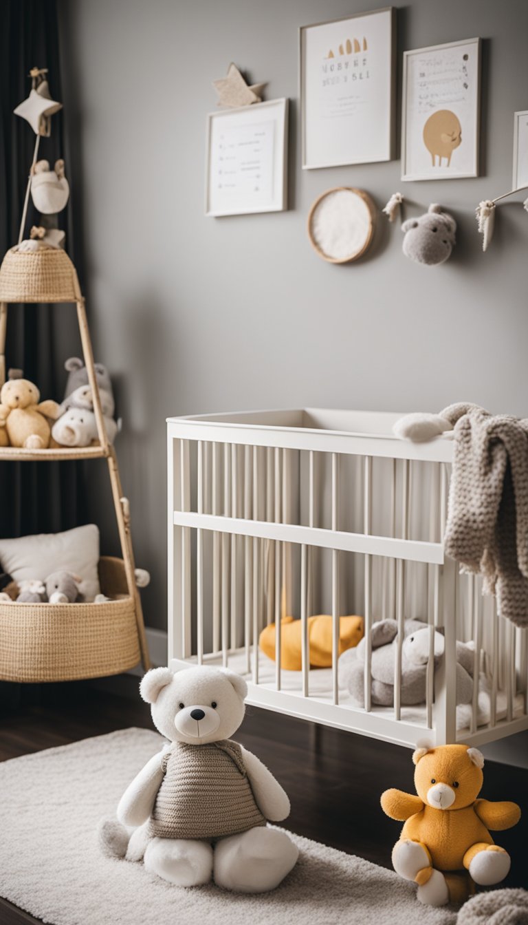 A cozy nursery with a crib, soft blankets, and stuffed animals. A chalkboard or letter board with a sweet baby announcement