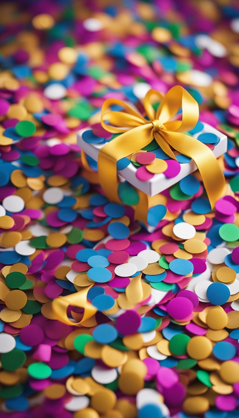 A tiny gift box surrounded by colorful confetti and a ribbon