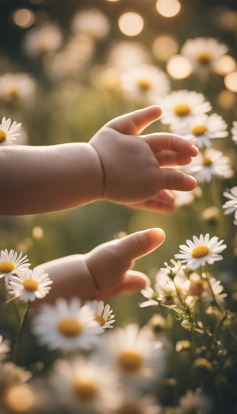 A small baby's hand reaching up towards a larger hand, surrounded by delicate flowers and soft, warm lighting