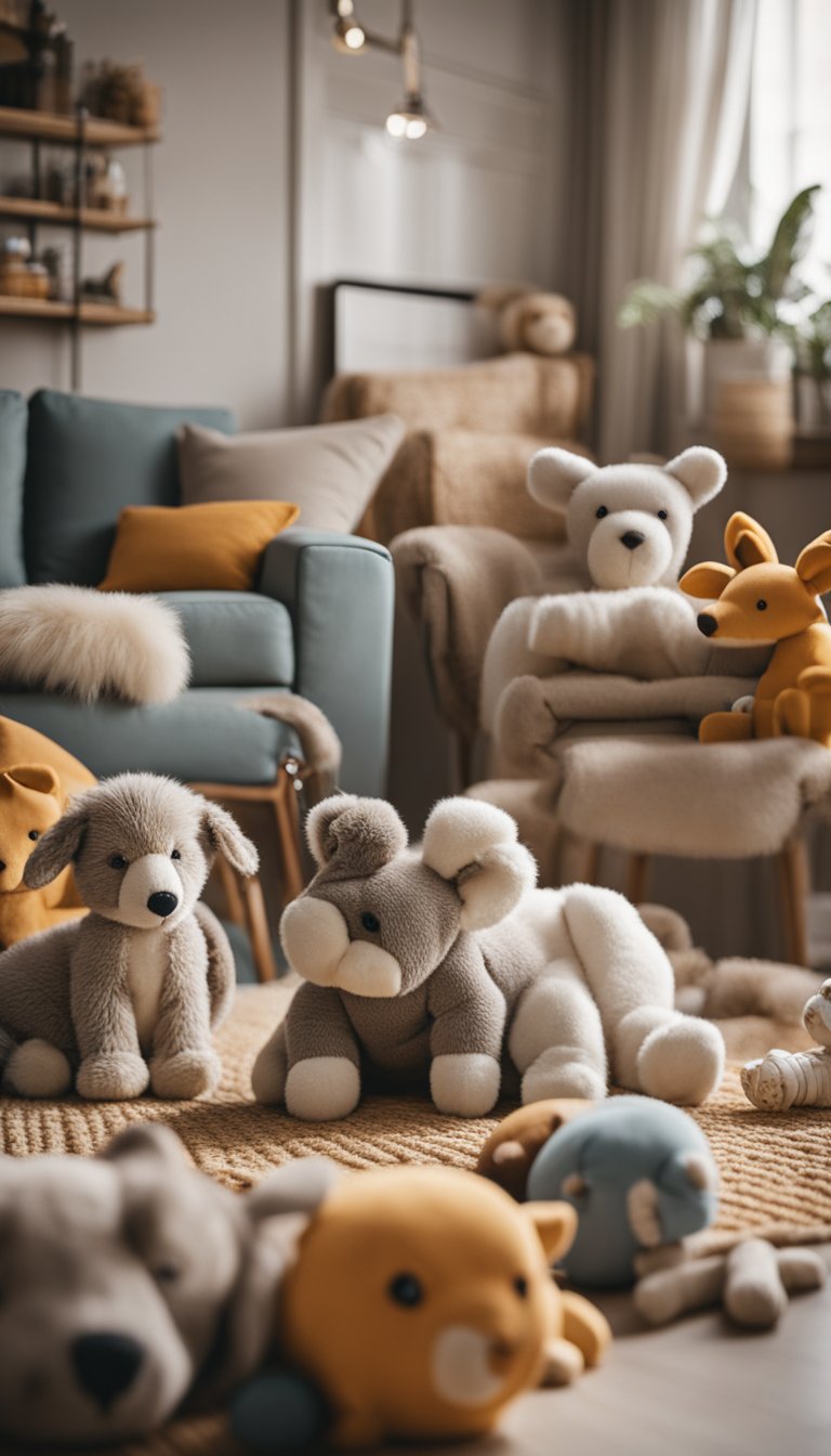 A cozy living room with a family of animals cuddled together, surrounded by toys and baby accessories