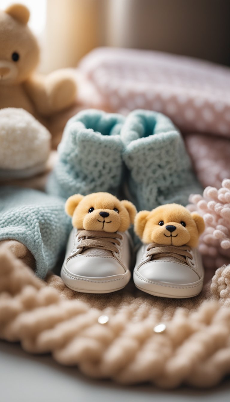 A pair of tiny baby shoes surrounded by soft blankets and stuffed animals, with a "coming soon" sign in the background