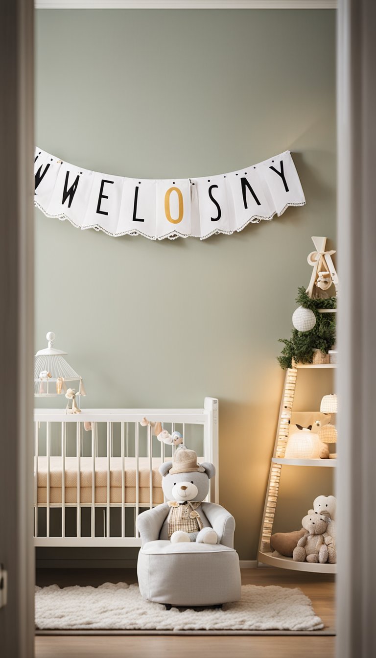 A cozy nursery with a crib surrounded by soft toys and a banner that reads "Welcome Baby" above the crib