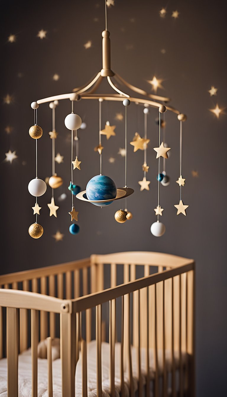 A baby mobile with planets and stars hanging above a crib