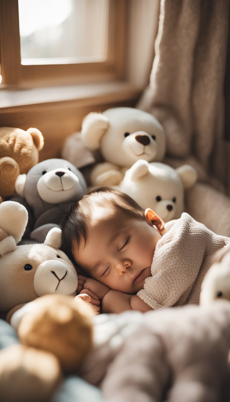 A sleeping baby surrounded by soft blankets and stuffed animals, bathed in warm natural light from a nearby window