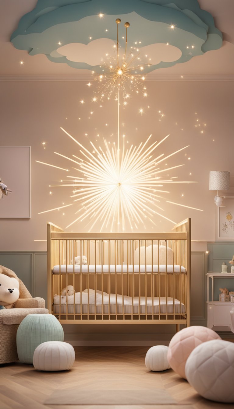 A golden starburst shines above a soft, pastel nursery with a crib and toys
