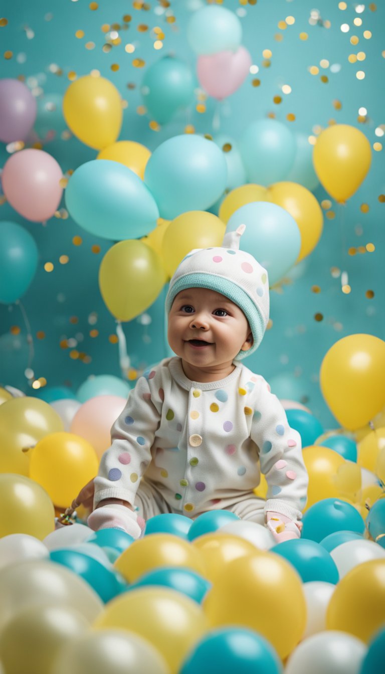 A baby onesie surrounded by balloons and confetti