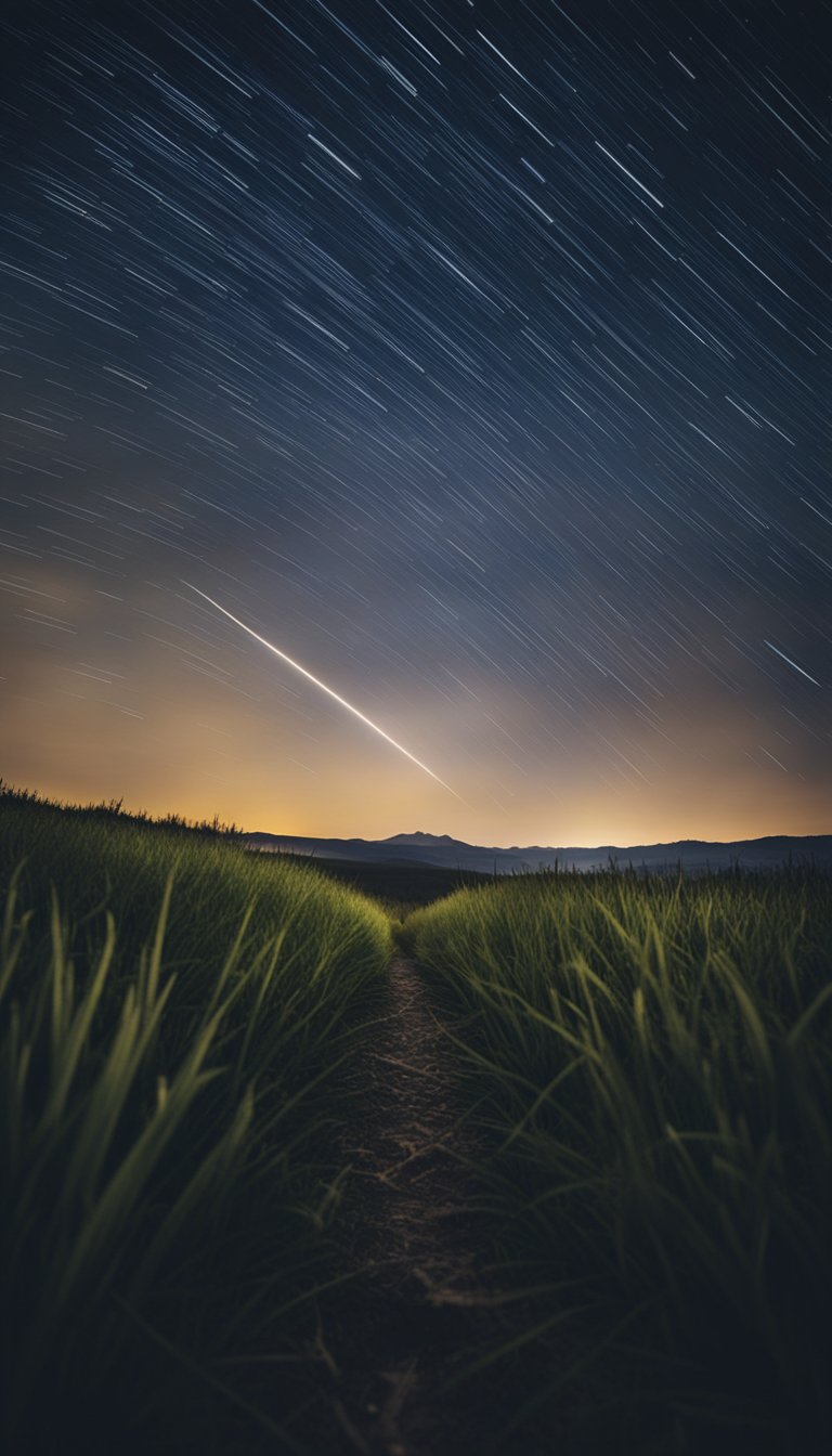 A shooting star streaks across a starry night sky, illuminating a peaceful landscape below