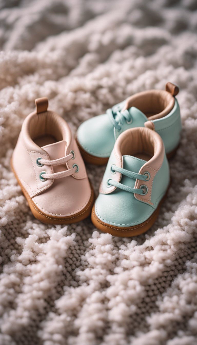 Three pairs of baby shoes arranged neatly on a soft, pastel-colored blanket