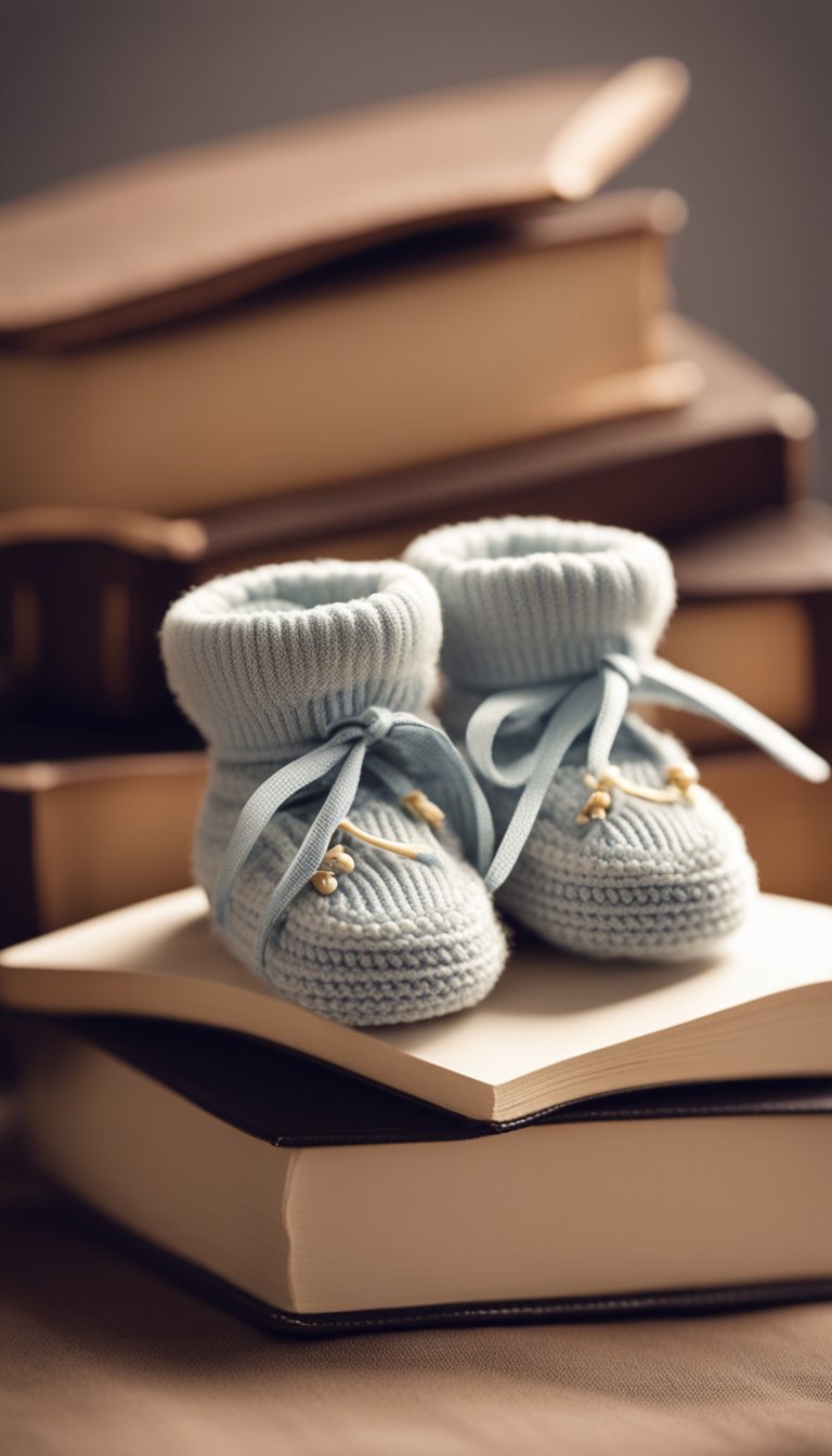 A pair of tiny baby booties placed on a stack of books, with a soft blanket in the background