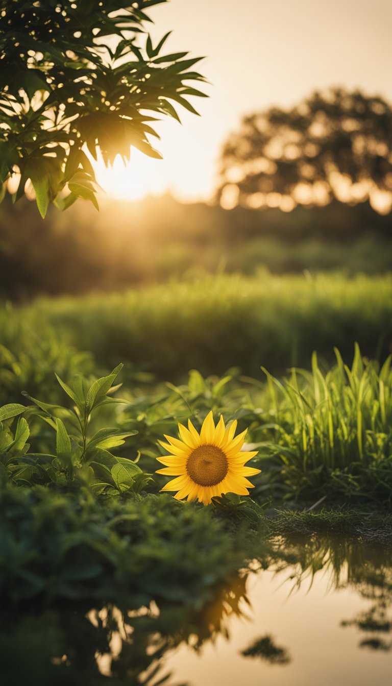 A bright yellow sun rising over a calm, green landscape