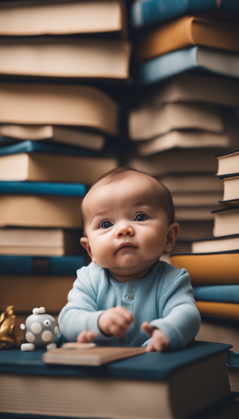A tiny baby surrounded by oversized toys and books
