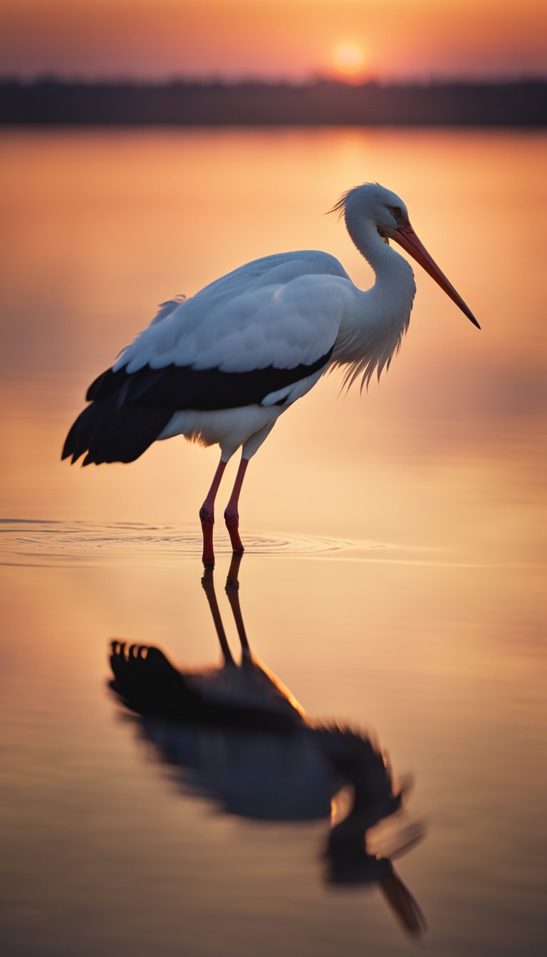 A stork flying across a sunset sky, carrying a bundle in its beak