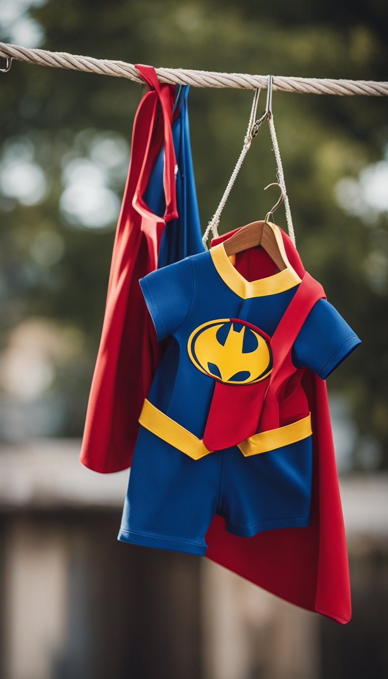 A superhero costume hanging next to a smaller, matching sidekick costume on a clothesline
