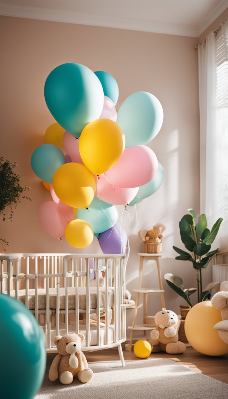 A colorful nursery with toys and balloons, bathed in warm sunlight