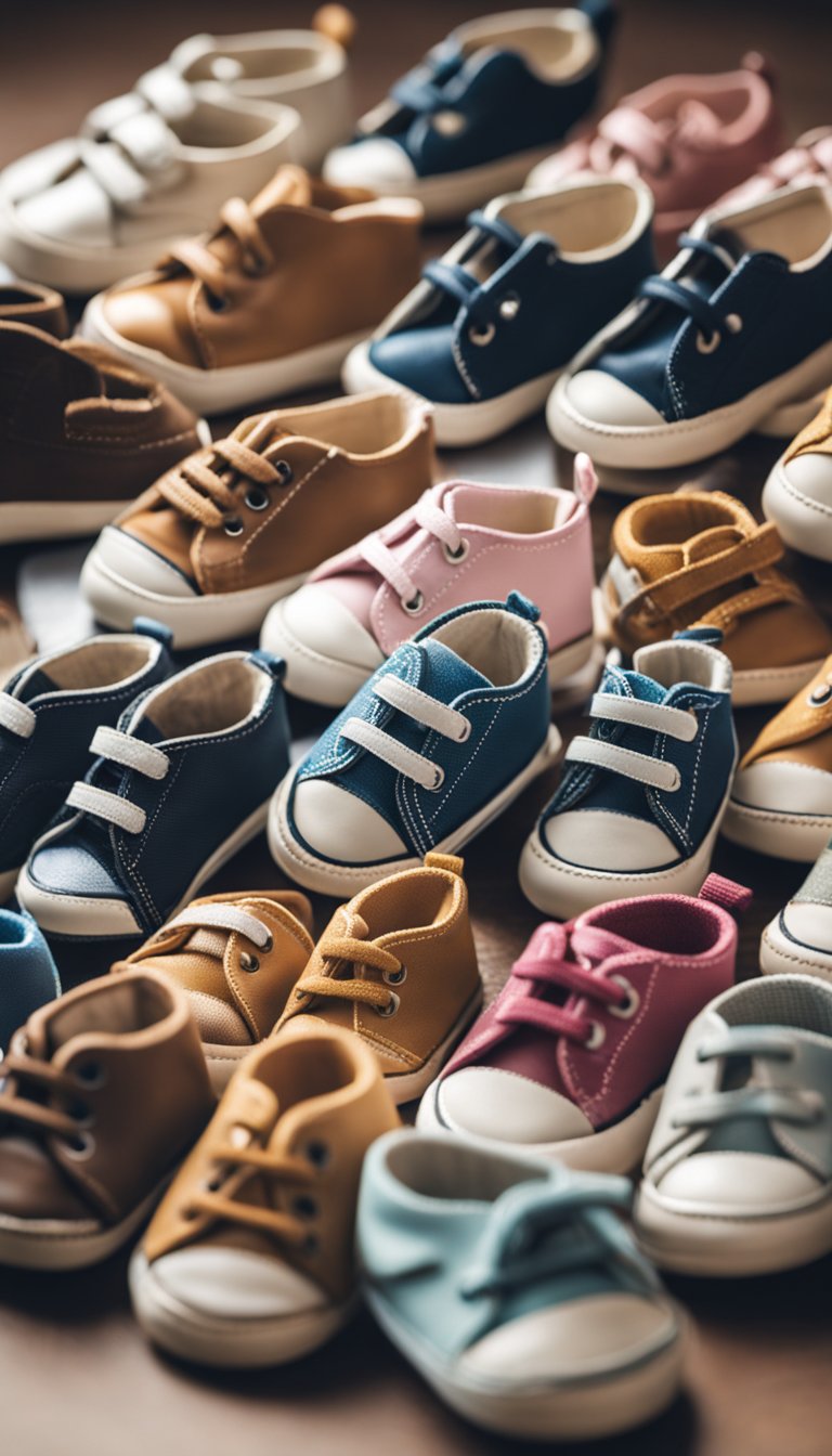 A pair of tiny baby shoes surrounded by adult shoes, representing a growing family