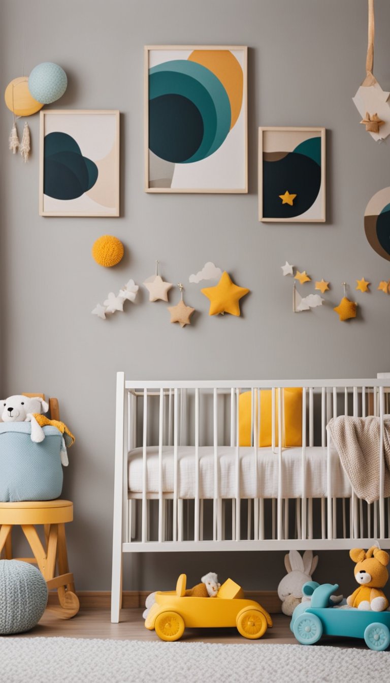 A colorful nursery with a crib, toys, and a soft blanket