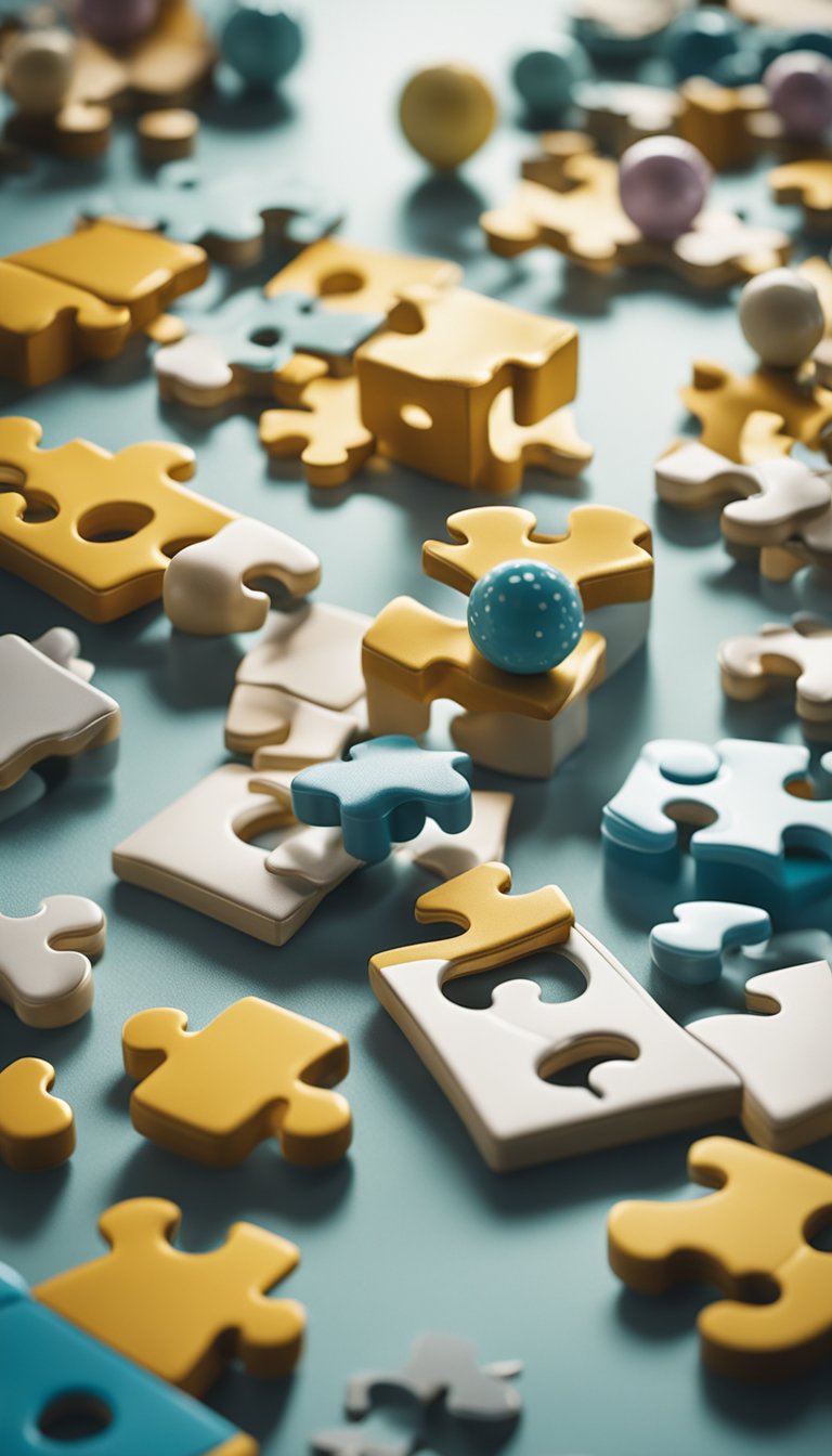 A puzzle with one missing piece, surrounded by baby-related items like a rattle, pacifier, and baby shoes