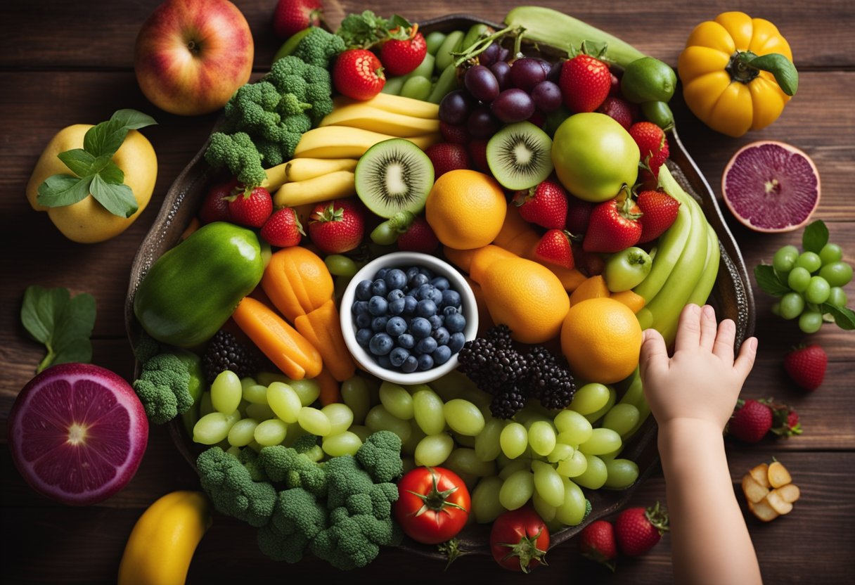 A variety of colorful fruits and vegetables arranged on a high chair tray, with a baby's hand reaching out to grab a piece