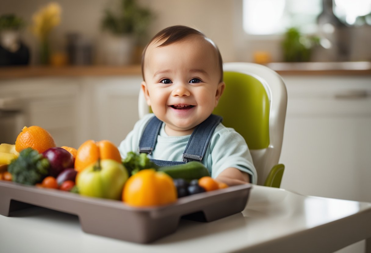 A smiling baby sits in a high chair surrounded by colorful, bite-sized pieces of fruit and vegetables on a tray. A spoon and bowl of puree sit nearby