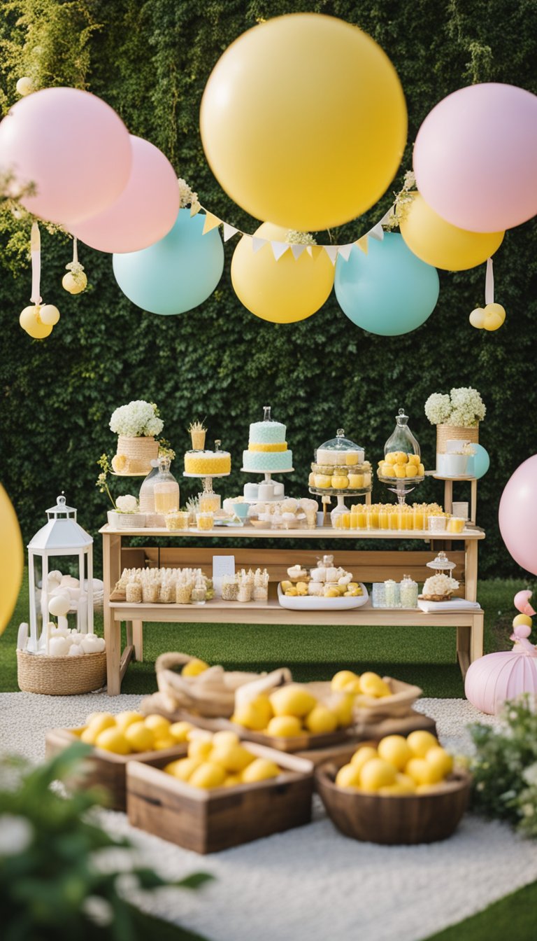A colorful array of gender-neutral baby shower decorations and games set up in a festive outdoor garden