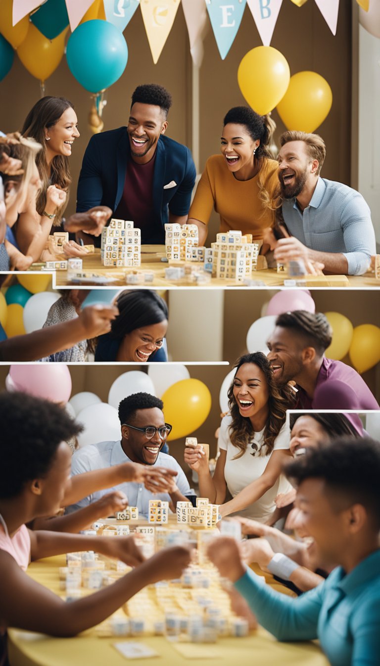 A group of guests at a coed baby shower play Baby Gift Bingo, laughing and cheering as they mark off items on their game cards